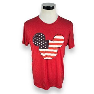 Disney USA American‎ Flag T-Shirt Men's Large Mickey Mouse Ears Tee Red Cotton